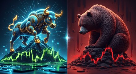 Bull and bear symbols with stock market charts, financial investment concept.