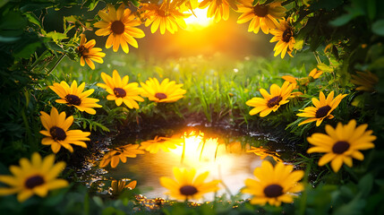 Golden flowers frame a puddle, reflecting a bright sunset. Lush greenery surrounds the scene