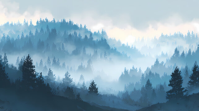 Blue landscape of foggy forest, winter hill with subtle mist and soft hues captured in. soft mist. Illustration