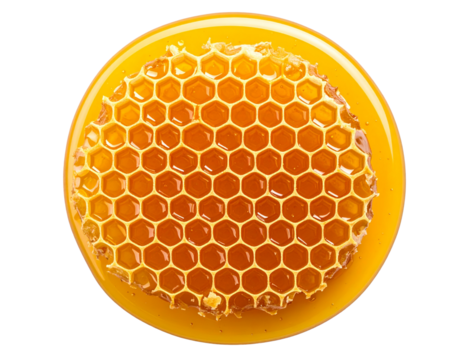 Top-Down View of Round Honeycomb Structure with Overflowing Honey, Organic Pattern, isolated on transparent background PNG