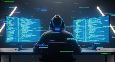 Hacker in hoodie working on computer with code, cyber security concept.