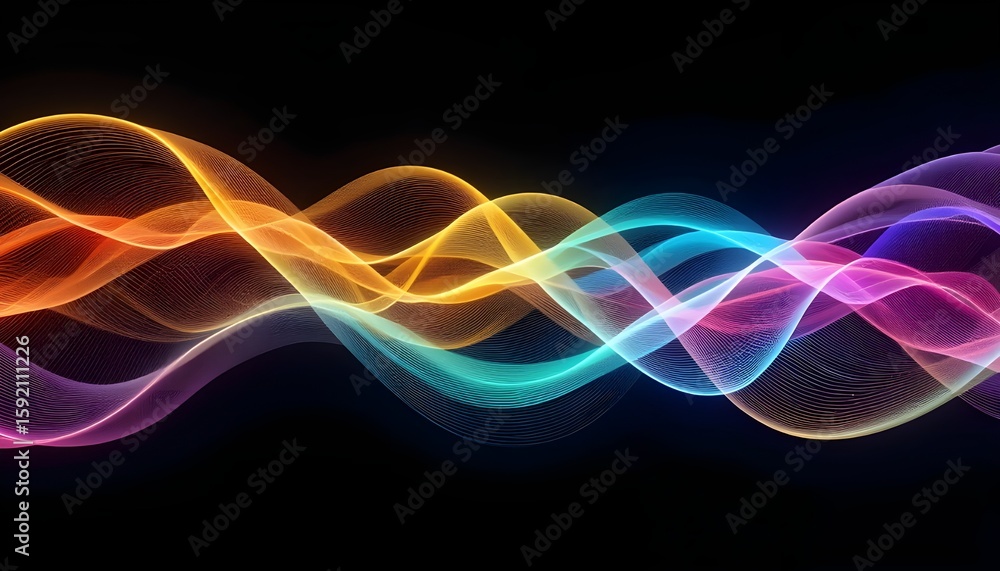 Poster abstract flowing wave pattern with vibrant colors on a dark background creates a modern design
