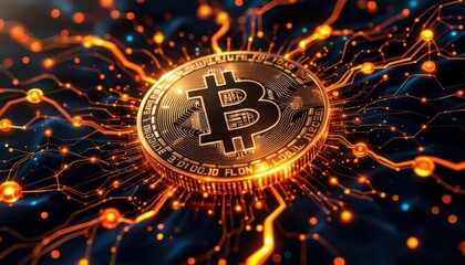 Bitcoin cryptocurrency coin with glowing circuit board lines, digital currency concept.