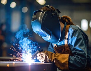 Woman welder focusing on metal