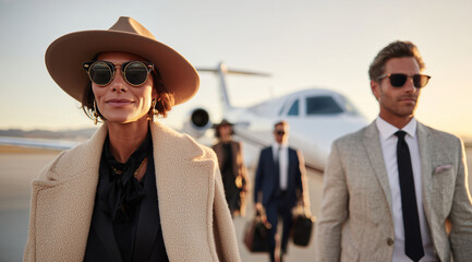 An ultra-realistic photograph of two well-dressed couples, each with sunglasses and hats, walking towards the camera as they get off their private jet at sunset on the tarmac in Lo