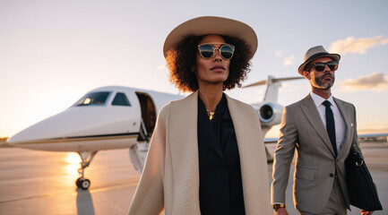 f two well-dressed couples, each with sunglasses and hats, walking towards the camera as they get off their private jet at sunset 