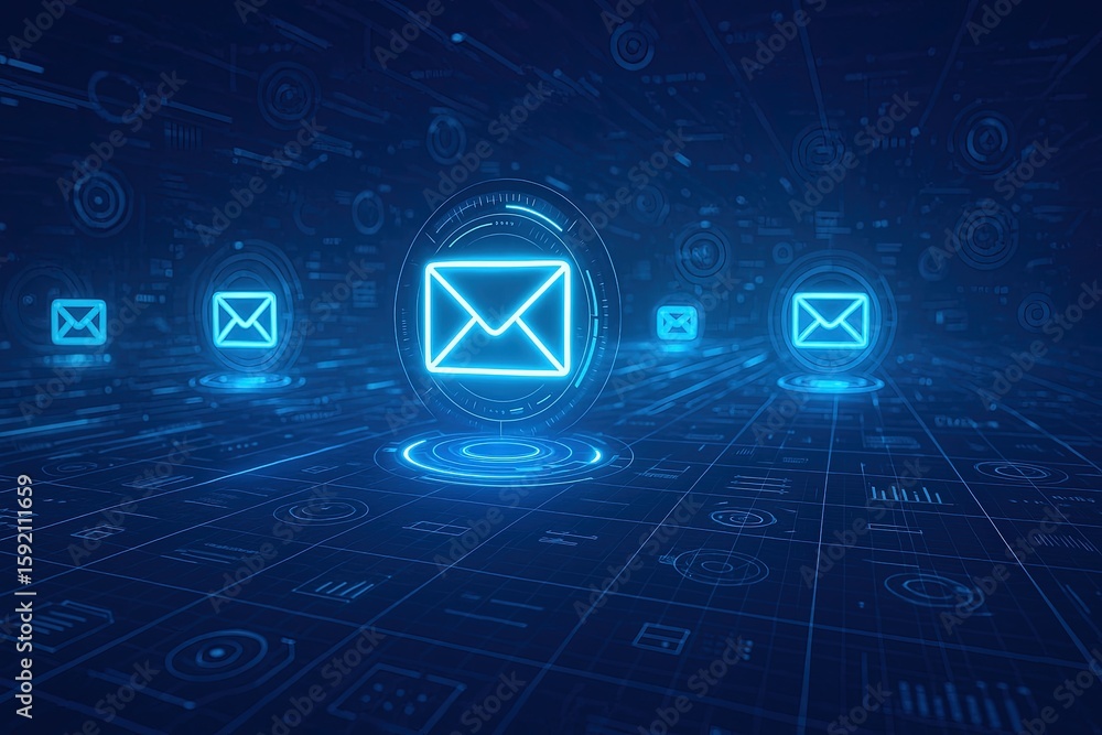 Aufkleber futuristic digital communication concept with glowing envelopes in a high-tech grid environment.