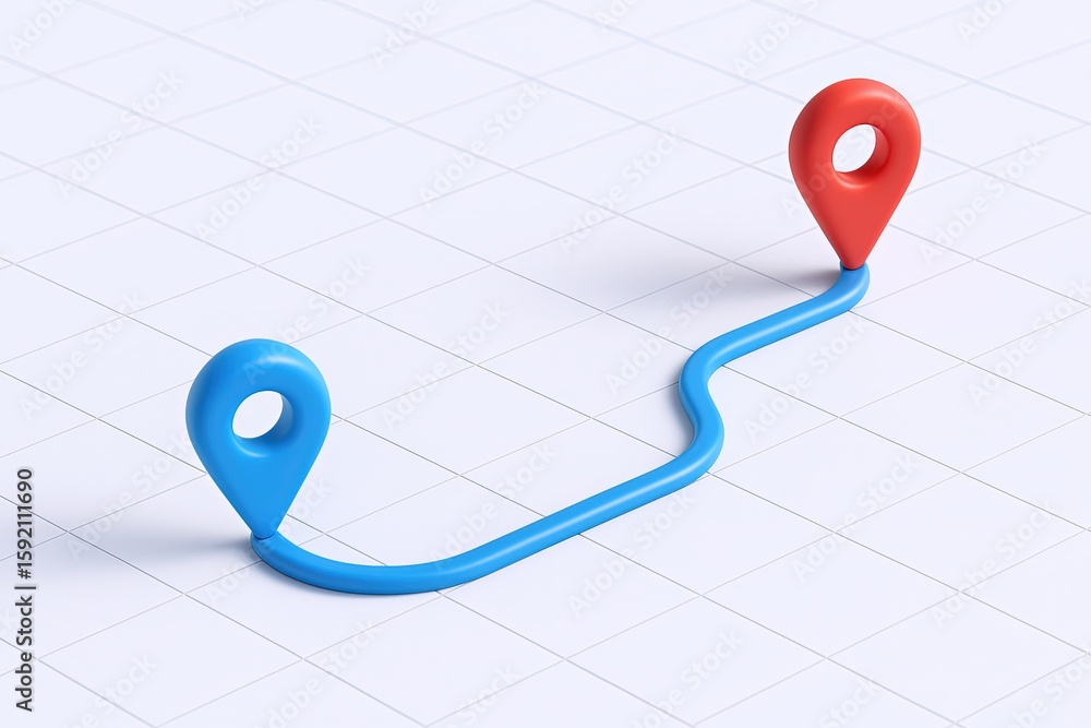 Aufkleber long winding path with location pins on a geometric grid background for navigation.
