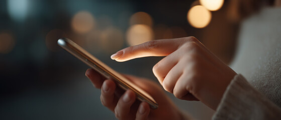 A detailed close-up showing a hand interacting with a smartphone in a softly lit indoor setting. 