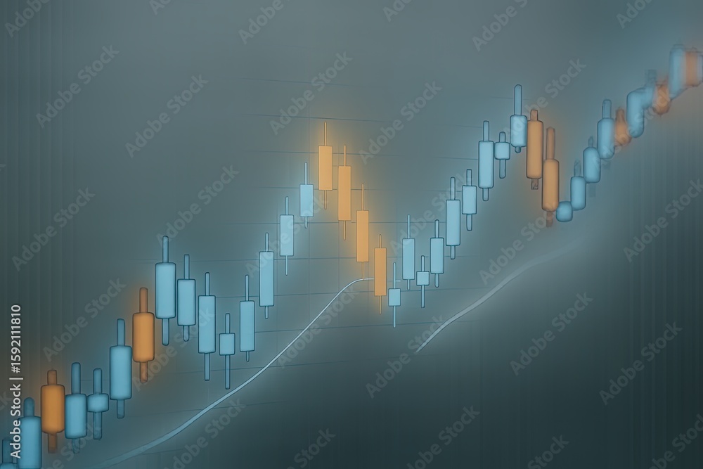 Poster dynamic financial graph with candlestick chart and connecting trend lines for investment analysis.