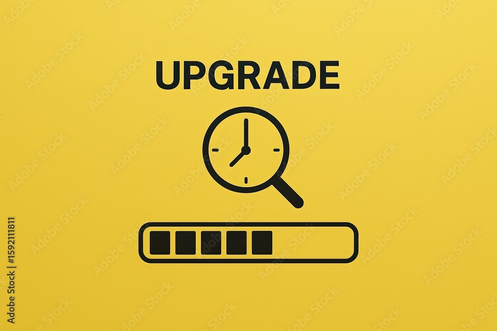 Poster upgrade process illustration with clock magnifying glass and loading bar on yellow background.