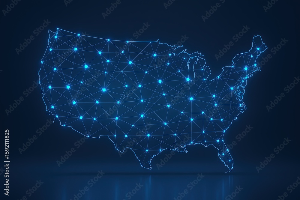 Poster digital north america map with network connections and glowing data points visualization.