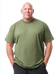 Fototapeta premium A photograph of an attractive, confident, and smiling huge overweight strongman man wearing an olive green crew neck t-shirt with no design, facing the camera in front of a white b