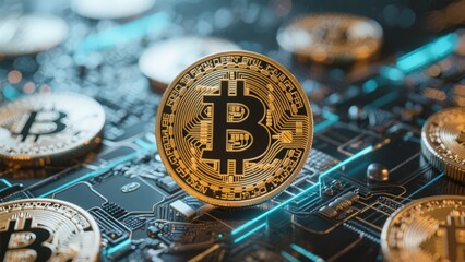 Bitcoin cryptocurrency coin on a circuit board, digital money concept.