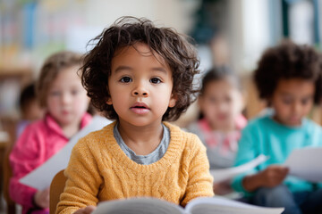 Multiethnic kids sitting in classroom reading, focus on engagement and expressions, 