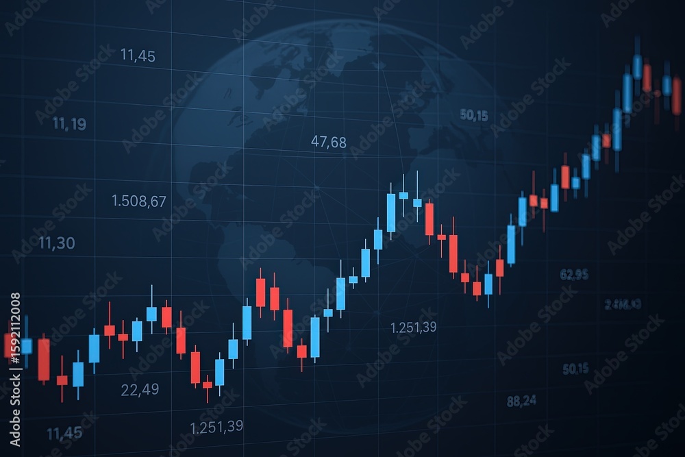Poster dynamic financial chart with candlestick patterns over a global digital market background.