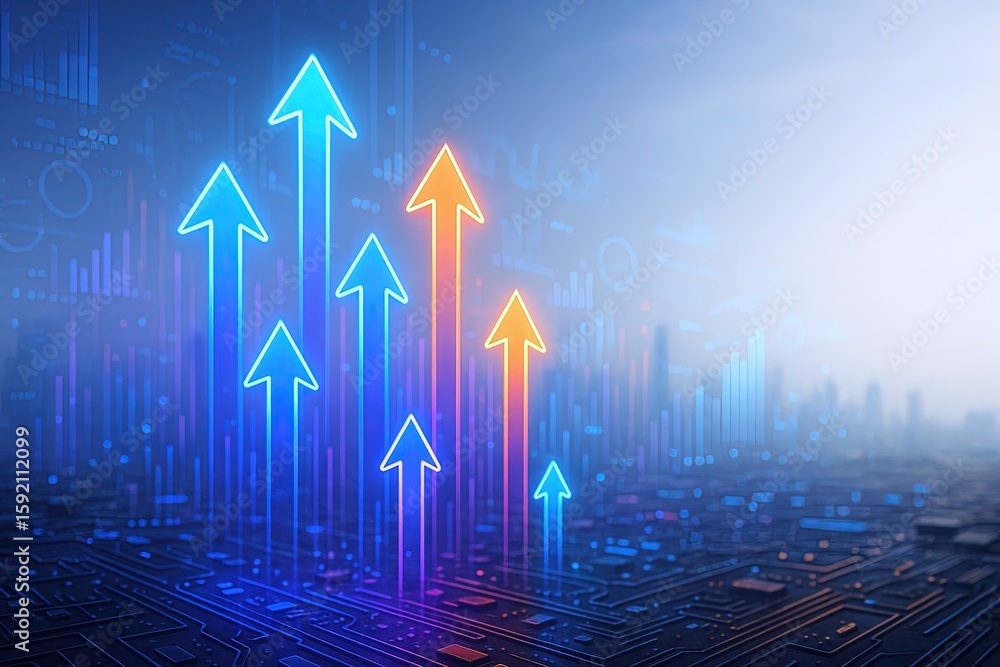 Poster modern digital data visualization with upward arrows on futuristic technology background.