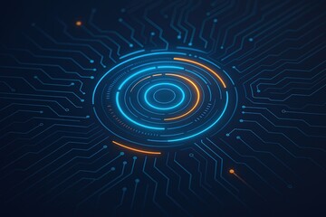 Fototapeta premium Futuristic digital interface with concentric circles and glowing circuit lines on dark background.