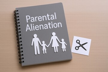 Parental Alienation Concept Illustrated with Notebook and Scissors Icon on Light Surface.