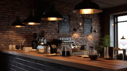 Cozy Cafe Interior: A warmly lit and inviting cafe interior showcases a stylish wooden bar, exposed brick walls, and an array of decorative elements, creating an ambiance of comfort and charm.