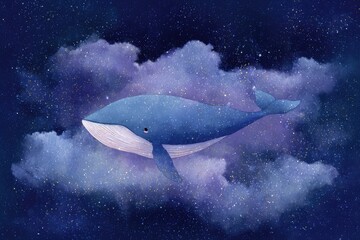 Fototapeta premium Whale floats in starry clouds