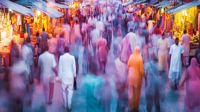 A bustling market scene, filled with a vibrant crowd of people. Colorful clothing and stalls are visible. Blurred motion creates a sense of energy and movement - Powered by Adobe