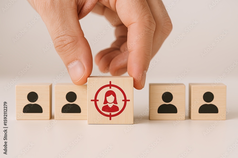 Poster hand placing a wooden block with a target icon between rows of similar blocks on a plain background.
