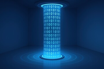 futuristic digital data storage concept with glowing binary code inside vertical cylindrical portal.
