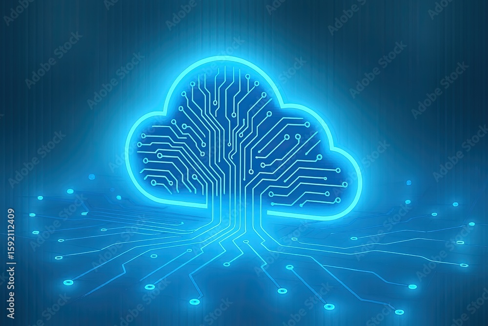 Poster futuristic glowing cloud icon with digital circuitry concept representing technology data storage.