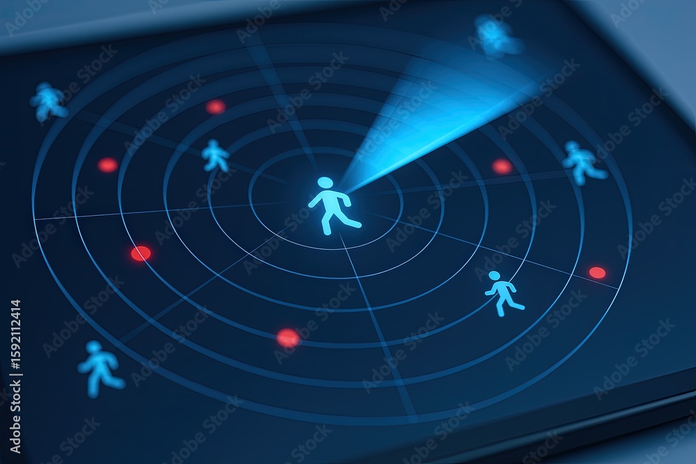 Poster digital radar screen with human icons showing targeting or tracking in a futuristic interface.