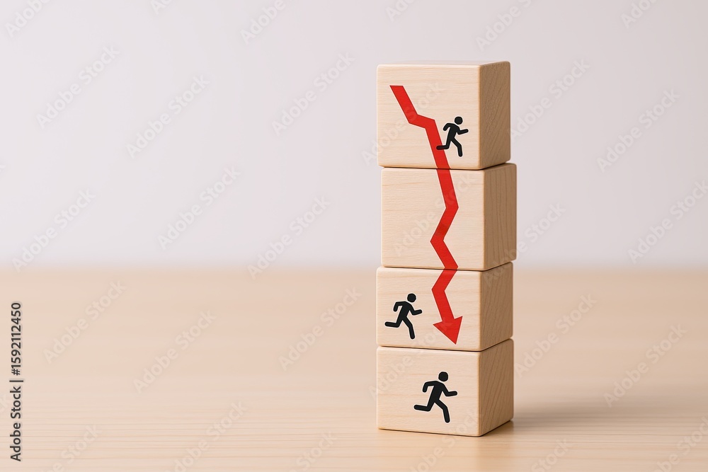 Poster stack of wooden blocks with downward falling arrow and running figures.