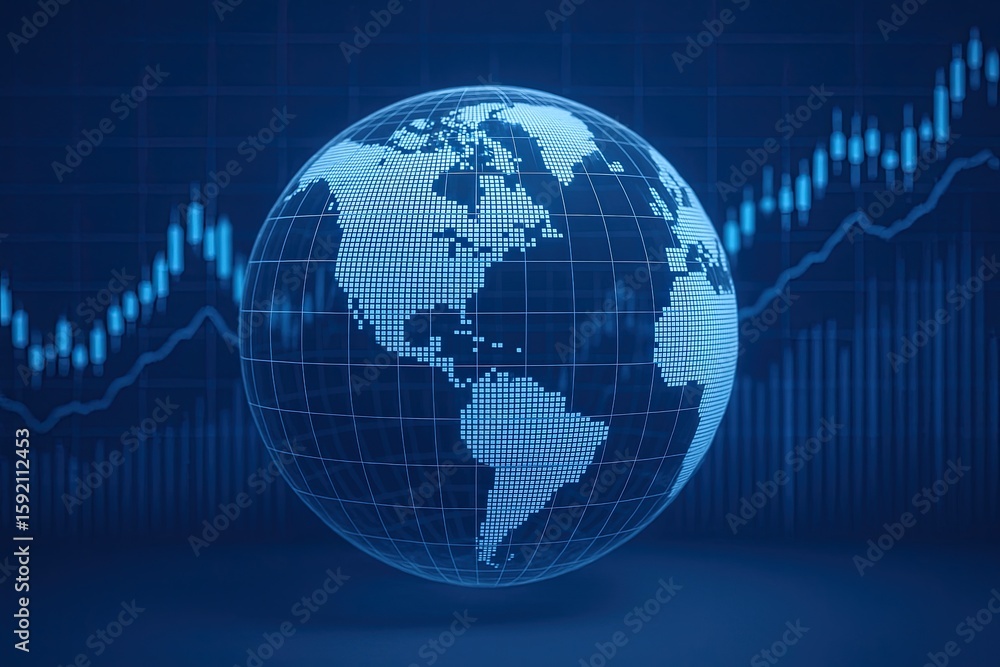 Aufkleber digital globe with financial graphs and data overlays showing global market trends.