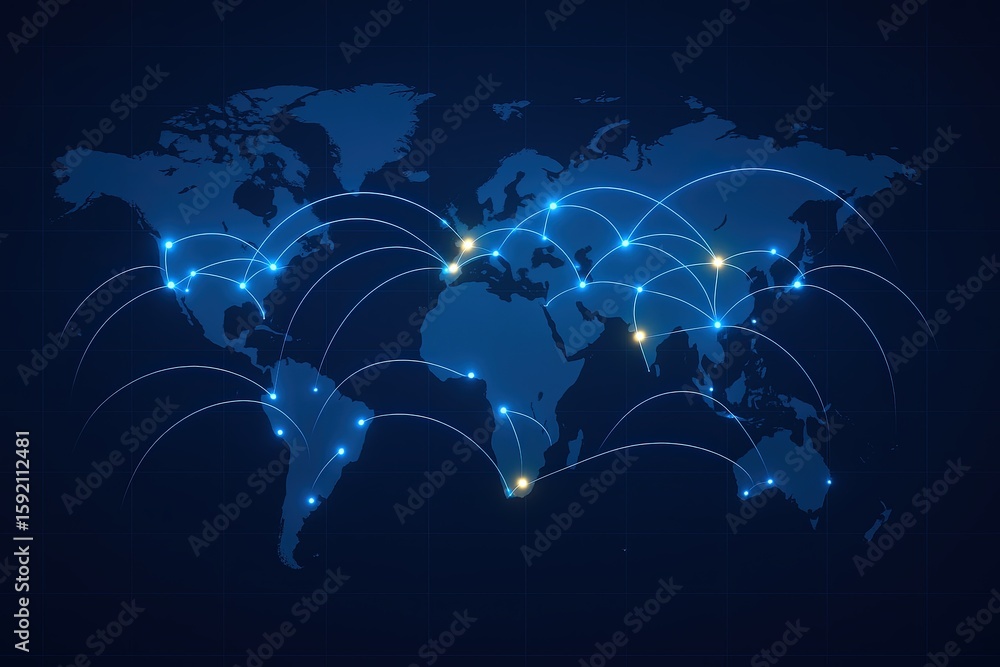 Poster global connectivity network map illustration with light lines connecting continents.