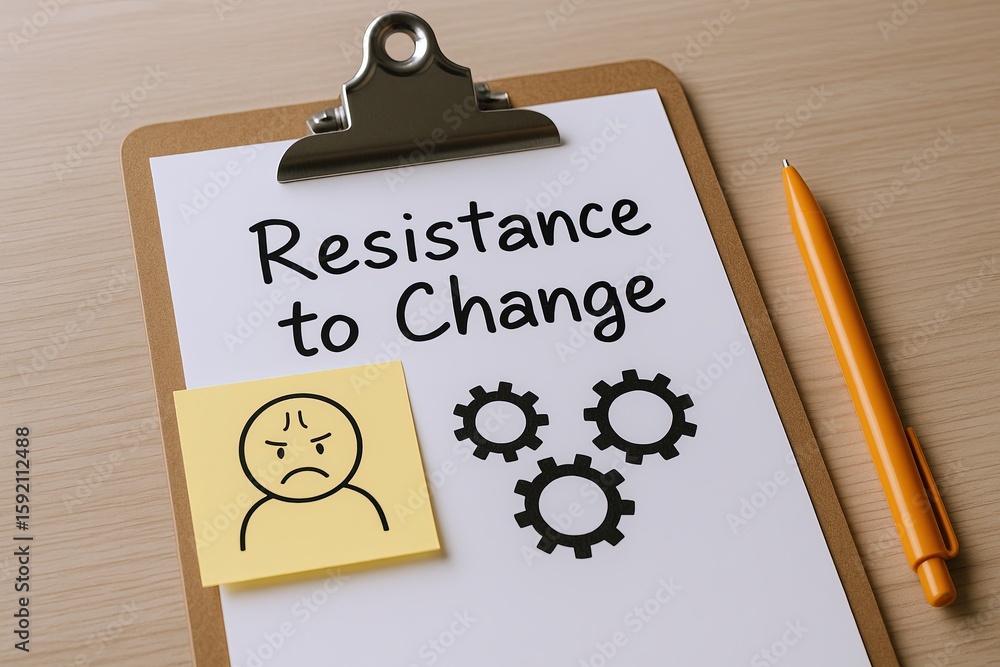 Poster conceptual image of resistance to change with handwritten message and gears symbols.