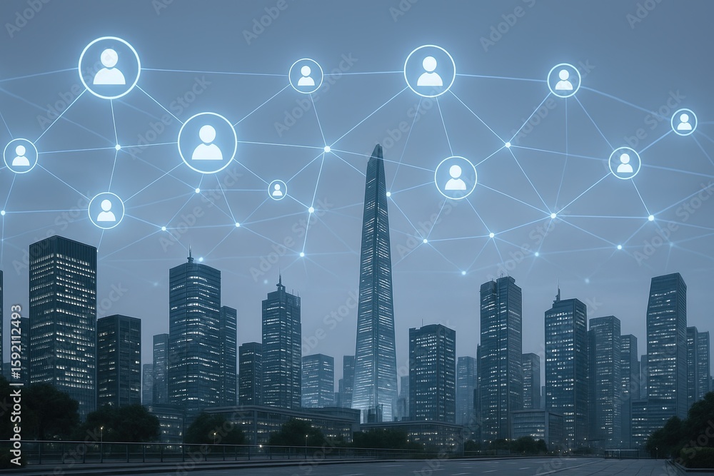 Poster modern city skyline with digital network connections and floating user icons.