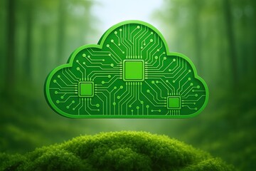 Cloud computing technology concept with digital circuit elements in a vibrant green forest background.