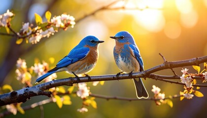 Two bluebirds on a branch with spring blossoms