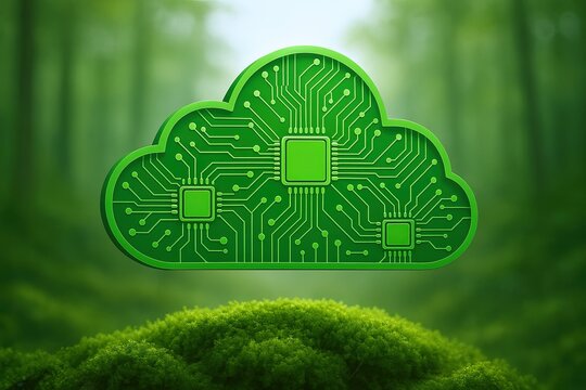 Cloud computing technology concept with digital circuit elements in a vibrant green forest background.