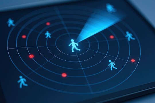 Digital radar screen with human icons showing targeting or tracking in a futuristic interface. - Powered by Adobe