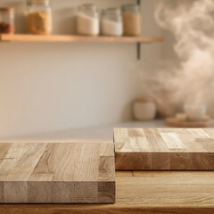 Blurred kitchen interior with shelves and containers on the wall – wooden table with wooden cutting boards in foreground for product placement and home cooking presentation