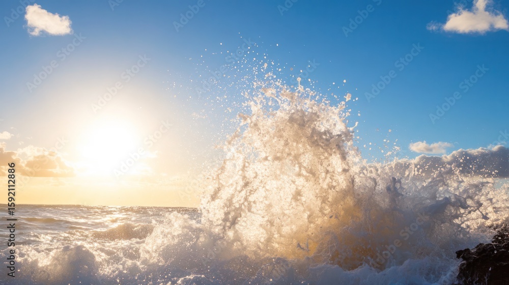 Poster dynamic wave embrace: a close-up view captures a powerful, dynamic ocean wave crashing against rocks