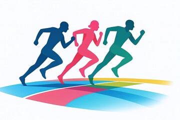 Obraz premium Three Diverse Athletes Running Together on Track During a Competitive Race.