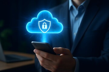 Businessman interacting with secure cloud technology via smartphone