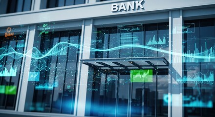 Bank building with financial data analysis on the windows, business concept.