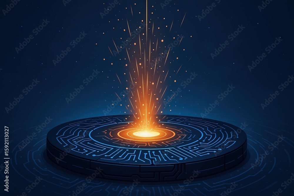 Poster futuristic digital platform with glowing fire and sparks emerging in a high-tech environment.