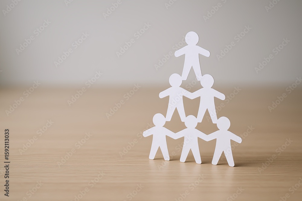 Poster paper cutout human figures stacking in a pyramid formation symbolizing teamwork and unity.
