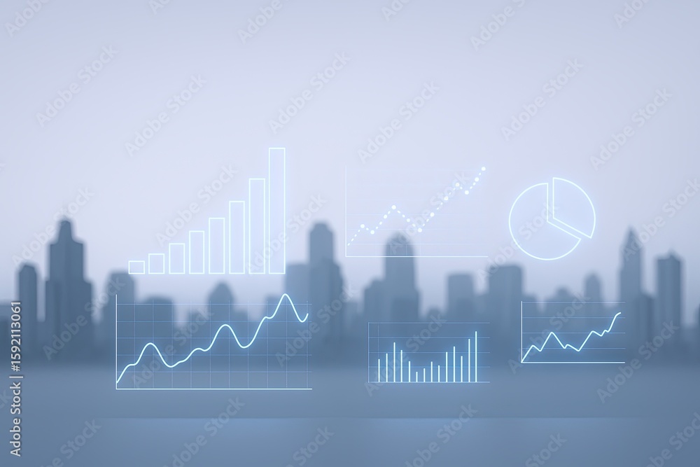 Poster modern digital financial analytics illustration showcasing graphs charts and data visualization.