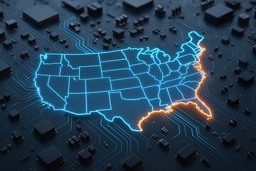 Digital glowing map of the United States with circuit lines and technological background.
