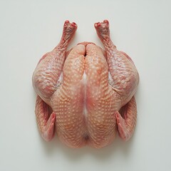 An overhead shot of a raw whole chicken on a white surface ready for cooking and preparation stage