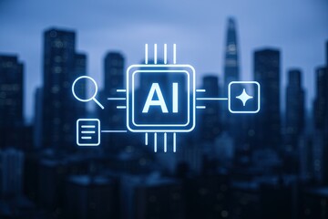 Digital Artificial Intelligence Concept with City Skyline Background in Blue Tones.